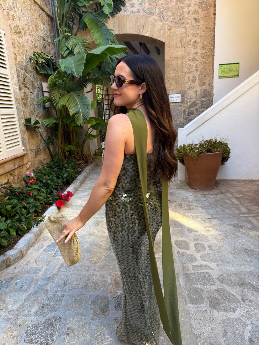 Anthropologie Olive Green Sequined Backless Evening Dress with Shoulder Sash